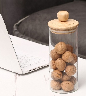 Банка d8.5см h12см боросиликат.стекло, дерев.крышка  BH-0089